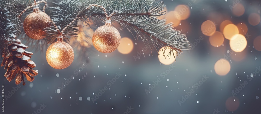 Poster christmas decorations with lights and a branch from a fir tree featuring a new year and christmas th
