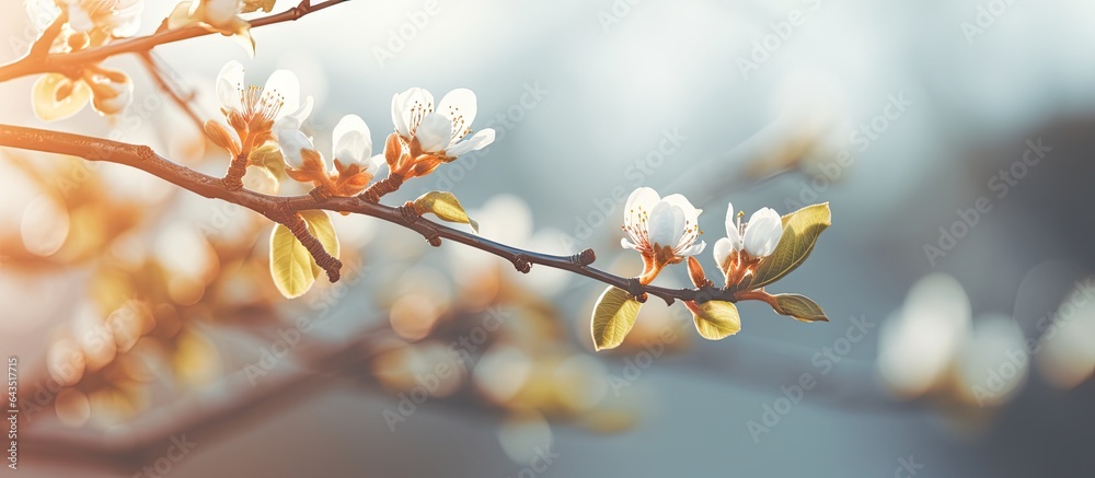Poster Selective focus and copy space background with tree buds opening in early spring