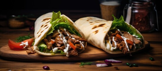 Meaty Greek Turkish wraps on a wooden table for take out