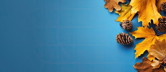 Autumn banner with blue background and sunlit yellow gold leaves on the edges providing copy space