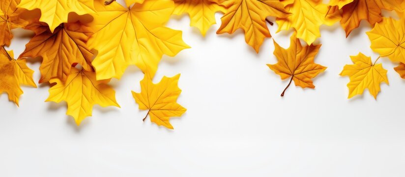 Autumn holiday banner featuring a stack of yellow maple leaves on a white background with room for text