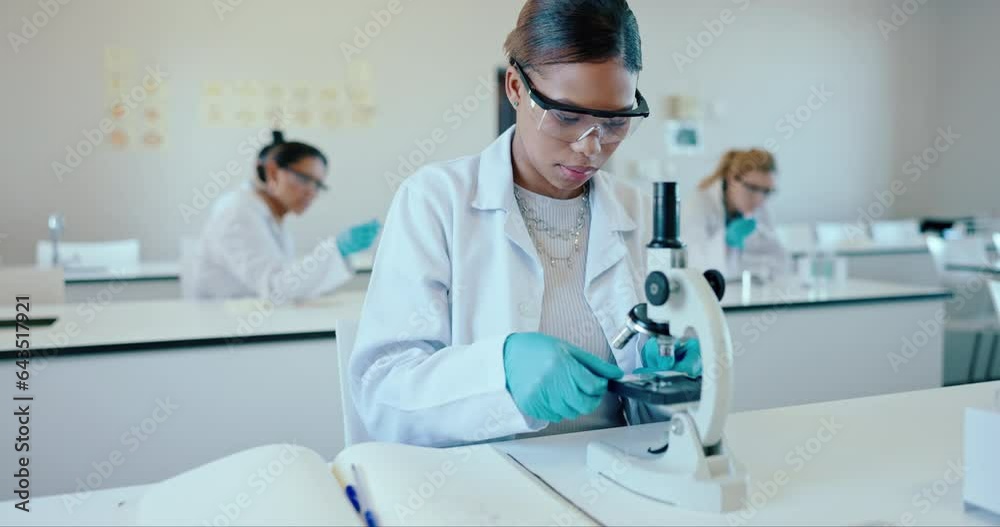 Aufkleber woman, science and class with microscope, university and education to learn, sample analysis and exp