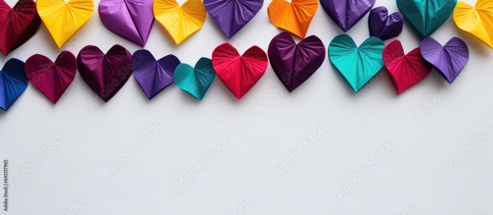 Aufkleber abstract background with multicolored velvet paper hearts on white surface accentuated by shadow and