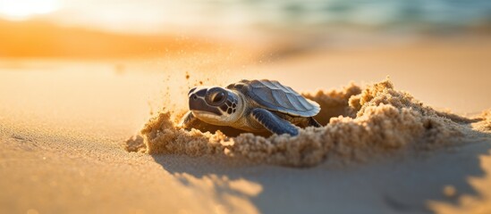 Baby turtle moving towards sea making tracks in sand Olive Ridley hatchling