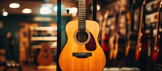 Deurstickers Muziekwinkel Acoustic guitar for sale at music store