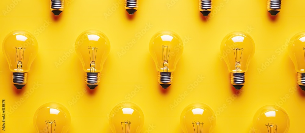 Poster top view of light bulbs arranged on a yellow background with copy space symbolizing ideas inspiratio