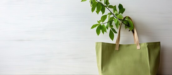 Green shopping bag hung on branch on white background representing concepts of color fabric and materials