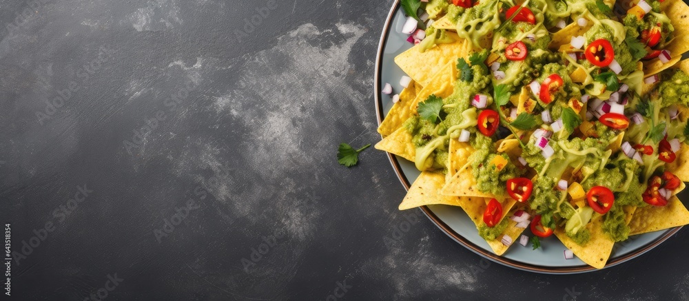 Aufkleber Top view of Mexican nachos and guacamole on a gray concrete surface with empty space for text