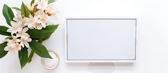 Computer monitor and flower on white background with space Aerial view