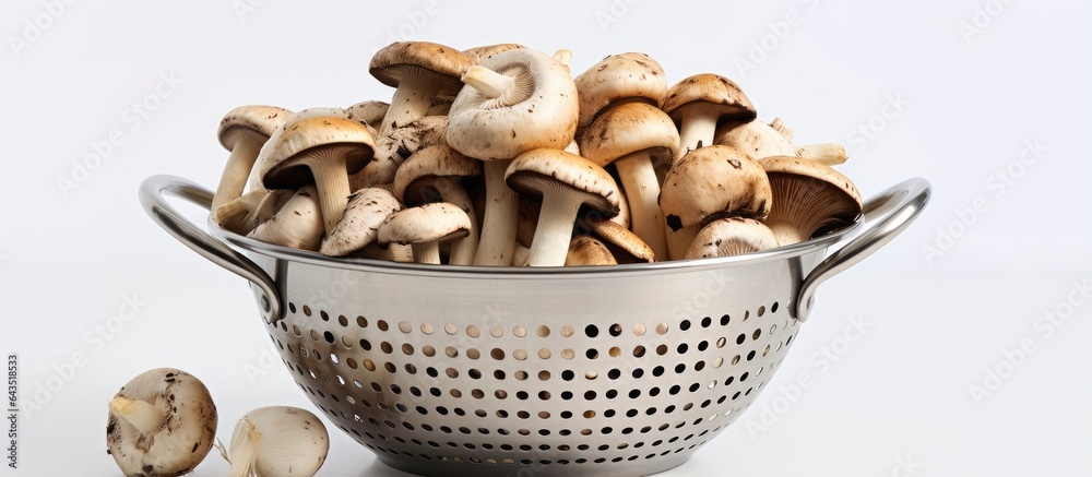 Poster White background with raw mushrooms in colander ample space for copy