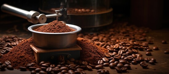 A grinder turns coffee beans into coffee powder - obrazy, fototapety, plakaty