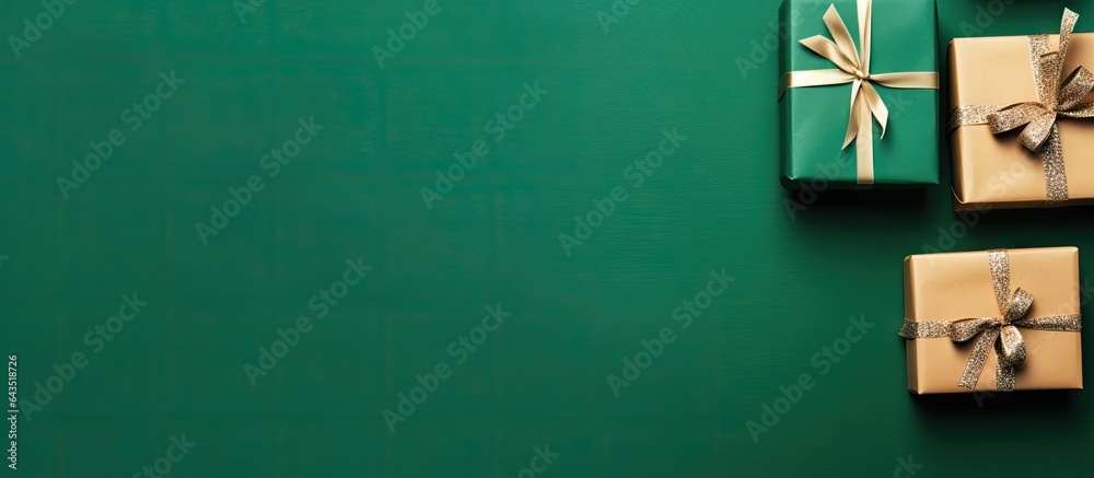 Poster Christmas card with red gift boxes on green background arranged in a flat lay top view and text space