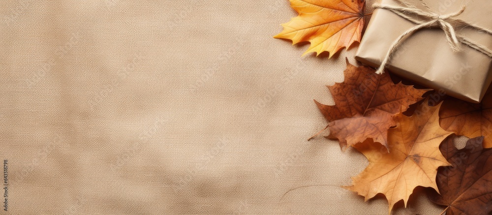 Poster autumn themed composition with wrapped gift rustic background fall concept flat lay copy space