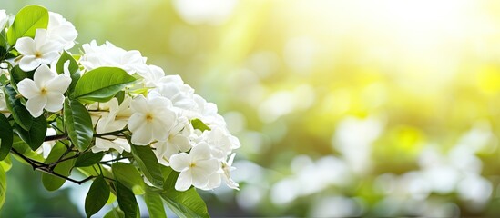 Close up image of jasmine blooms in a garden with room for adding text