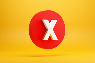 Obraz premium Red x sign or cross mark on a red button on yellow background. Cancel, rejection or error sign. Voting no.
