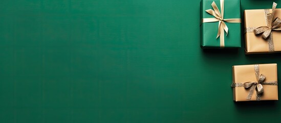 Christmas card with red gift boxes on green background arranged in a flat lay top view and text space