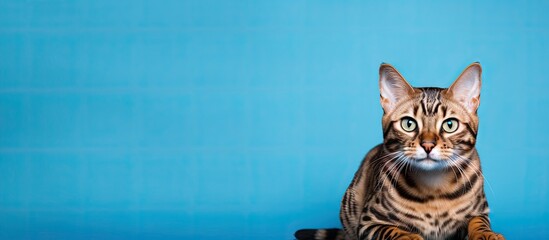 Bengal cat resting on blue surface Copy area