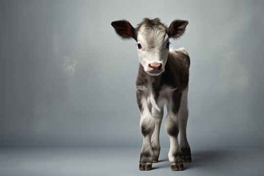 Cute Calf On Gray Background . Сoncept Cute Farm Animals, Gray Background Photography, Calf Photos, Cute Animals