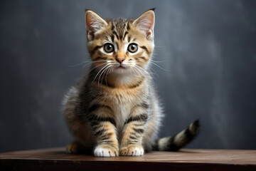 Cute Kitten On Gray Background . Сoncept Cute Kittens, Gray Backgrounds, Pet Adoption, Cat Care