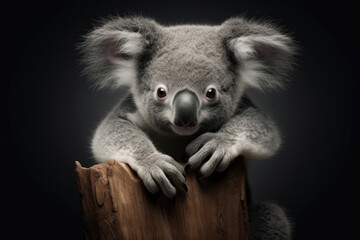 Cute Koala Joey On Gray Background. Сoncept Cute Koala Joey, Animal Photography, Gray Background, Wildlife Conservation