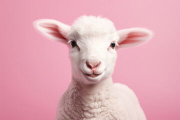 Cute Lamb On Pink Background. Сoncept Lambs Qualities Habits, Pale Pink Color, Adorable Animal Photography, The Magic Of Nature