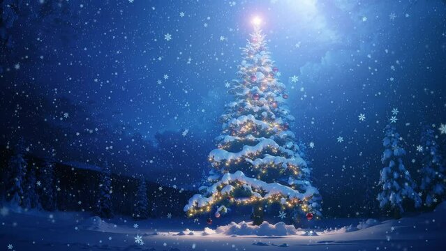 Christmas tree in snowfall in the snowy frozen landscape on Xmas Eve, winter night with moonlight and snowflakes