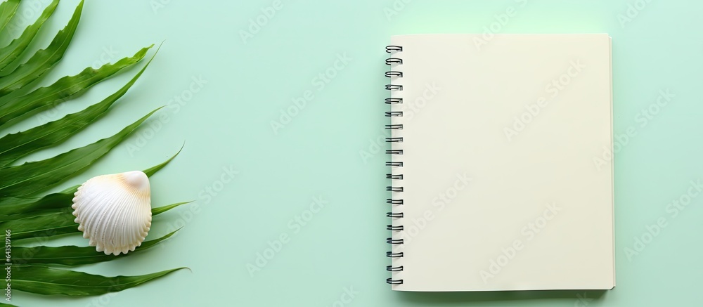 Aufkleber seashell themed notebook for summer holiday green background top view flat lay concept