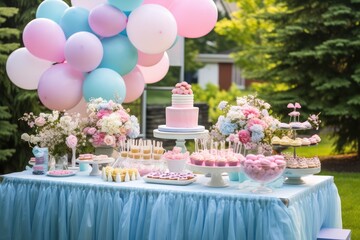 Baby Shower party decor. Delicious reception. Gender baby showe decoration outdoor in the garden. Event set up with balloons, food, cakes, cupcakes
