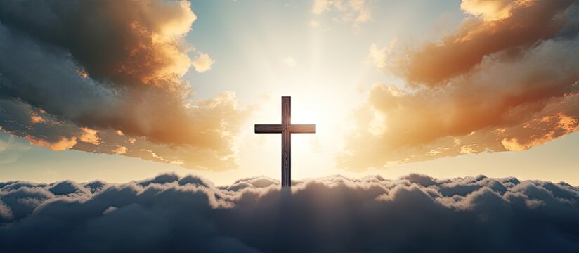 Digital composite of a wooden cross with cloudy sunset sky representing Ascension day and Christian beliefs
