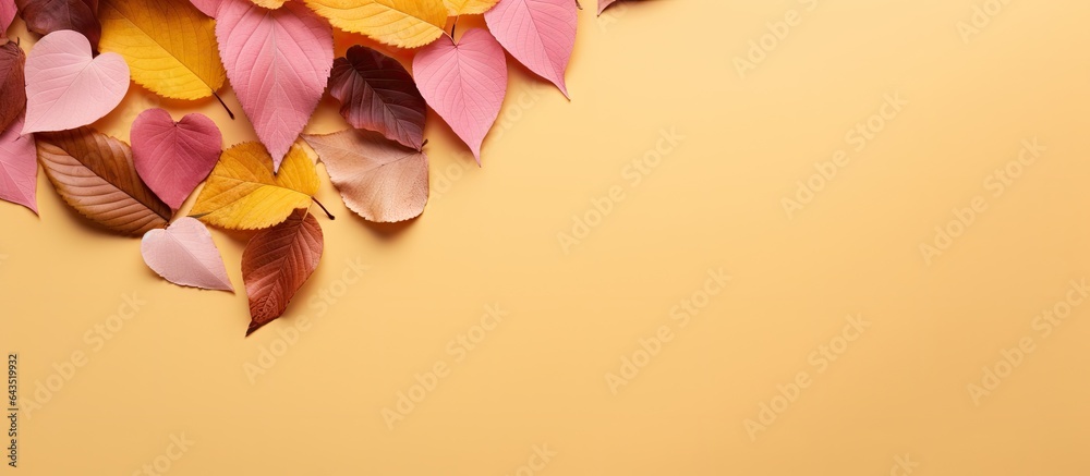 Aufkleber pink studio shoot with heart shaped cutout surrounded by autumn leaves in orange green yellow and br