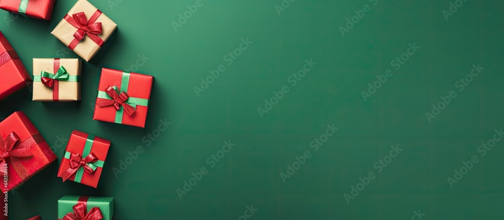 Aufkleber Christmas card with red gift boxes on green background arranged in a flat lay top view and text space