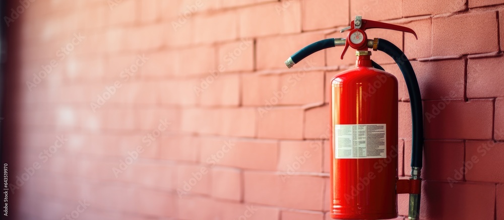Poster Selective focus image of a red fire extinguisher sign on a wall with space for text and information