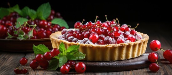 Seasonal fruit pie with red currants gooseberries and fresh berries on a wooden table