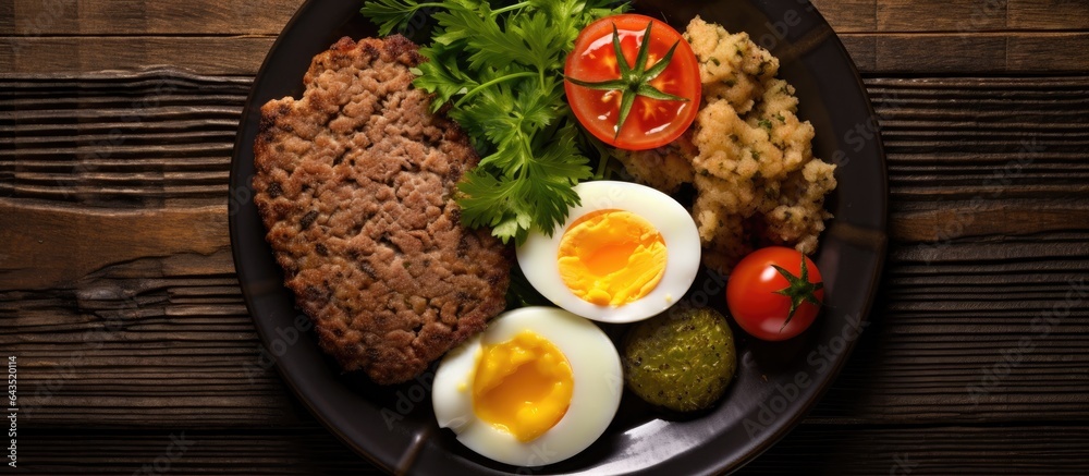Poster scottish breakfast with haggis overhead view on dark wood with room for text