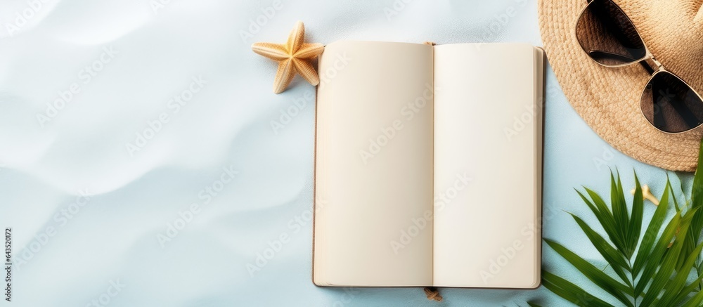 Aufkleber Blank journal with summer beach items on a background space for writing Flat lay with copy space