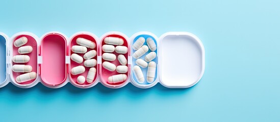 Closeup of a pill box with daily doses of medication on a blue background - obrazy, fototapety, plakaty