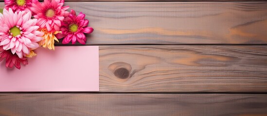 Colorful note paper with a pink flower and the words Thank you set against a wooden background