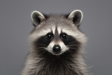 Obraz premium Cute Raccoon On Gray Background . Сoncept Coexisting With Wildlife, Adorable Raccoon Pictures, Gray Background In Photos, Cuteness Of Raccoons