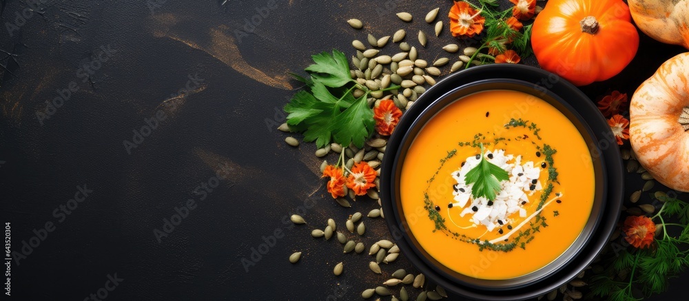 Poster autumn cream soup with pumpkins and carrots on a dark background with seeds and parsley healthy eati