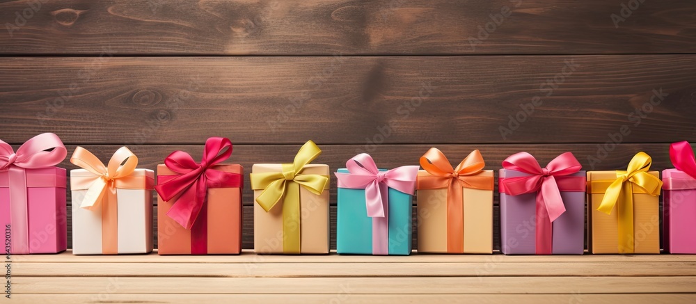 Poster gift boxes in various colors on wooden backdrop adorned with ribbon and straw