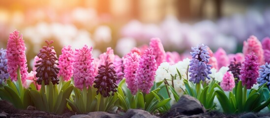 Hyacinths in the flowerbed greening the cityscape Background with focus room for text - obrazy, fototapety, plakaty
