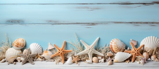 Seascape starfish and shells on weathered wood