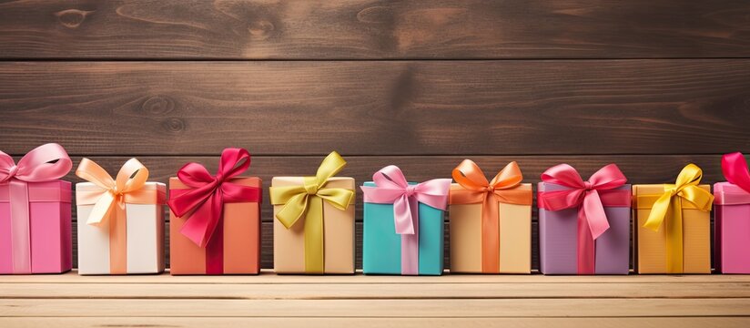 Gift boxes in various colors on wooden backdrop adorned with ribbon and straw
