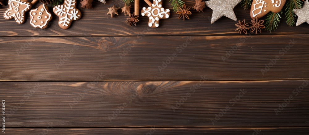 Aufkleber Top view of a wooden table with a Christmas theme including a snow covered fir tree and gingerbread cookies Creating space for your greetings
