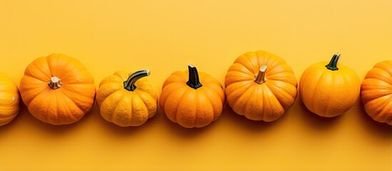 Little orange pumpkins on a colored table background representing autumn and fall festivities