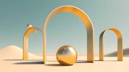 Abstract, architectural structure with arches and flying golden balls on sandy beach and sky background - with copy space. Modern minimal abstract illustration for advertising products. AI Generated