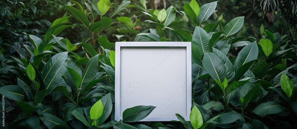 Aufkleber green leaves background with a white square frame and empty text space for advertising