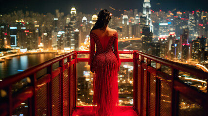 Beautiful asian woman in red evening dress on the rooftop of skyscraper with city view