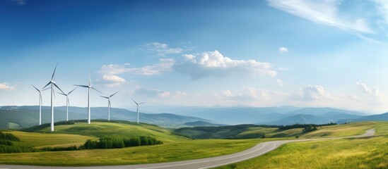 Obraz premium Wind turbines in a wind park creating renewable energy with ample space for text promoting green energy
