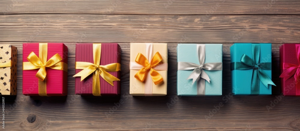 Poster gift boxes in various colors on wooden backdrop adorned with ribbon and straw